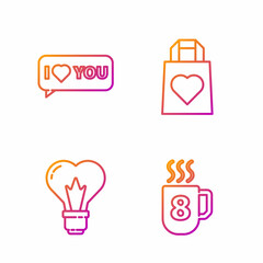 Canvas Print - Set line Coffee cup with 8 March, Heart shape in a light bulb, Speech bubble with I love you and Shopping bag with heart. Gradient color icons. Vector