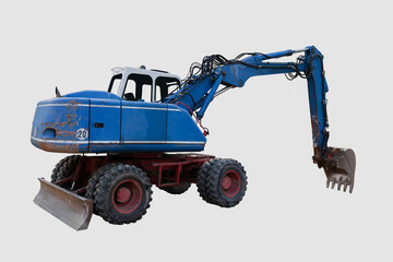 Wall Mural - Blue bulldozer excavator isolated on white background