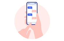 Texting On Mobile Phone - Hand Holding Smartphone And Writing Text Messages On Oval Frame With White Background. Vector Illustration