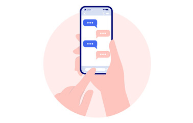 Texting on mobile phone - Hand holding smartphone and writing text messages on oval frame with white background. Vector illustration