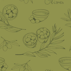 Wall Mural - Olives and olive branch seamless vector pattern