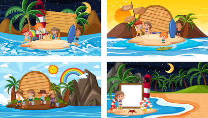 Sticker - Set of different tropical beach scenes with blank banner