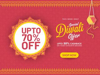 Sticker - UP TO 70% Off For Diwali Sale Poster Design With Hanging Lantern In Red Color.