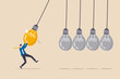 Knowledge sharing or skill transfer to inspire team, idea or creativity to motivate people or career improvement concept, businessman manager pull bright lightbulb as pendulum to transfer knowledge.