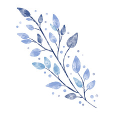 Watercolor textured vector branch with blue leaves and dots. Winter wreath plant element. Floral foliage design artistic botany clip art.