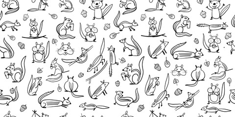 Poster - Funny Chimpank family with nuts. Ground Squirrel. Seamless Pattern for your design