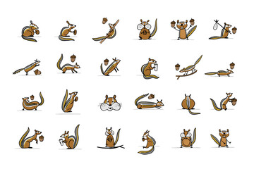 Poster - Funny Chimpanks with nuts. Ground Squirrel. Icon Collection for your design