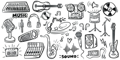 set of hand drawn sketches doodles of musical culture on white background