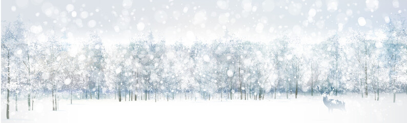 Wall Mural - vector snow, winter scene with deer and forest background. winter landscape.