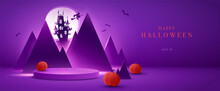 Halloween Mountain Castle Paper Art Style On 3D Illustration Purple Theme Product Display Background With Luxury High End Look.