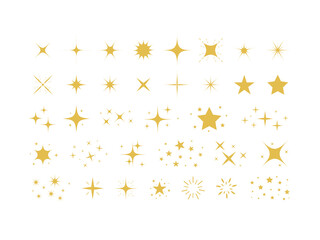 Wall Mural - Set of gold stars and sparkles isolated on white background. Sparkles symbols. Sparks and stars Vector illustration