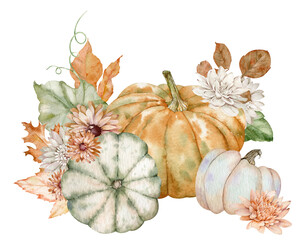 Watercolor pumpkins and fall flowers. Thanksgiving holiday arrangement. Harvest concept. Hand-drawn illustration isolated on the white background.