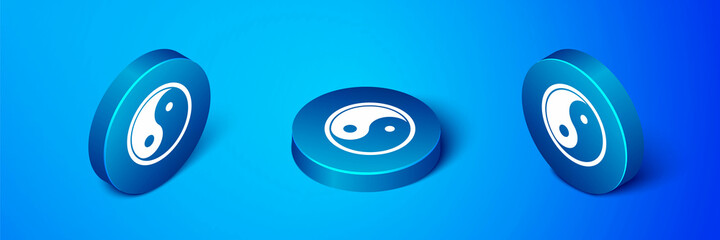 Sticker - Isometric Yin Yang symbol of harmony and balance icon isolated on blue background. Blue circle button. Vector