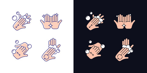 Sticker - Washing hands instruction light and dark theme RGB color icons set. Rub palms together with soap. Cup fingers. Isolated vector illustrations on white and black space. Simple filled line drawings pack