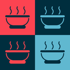 Sticker - Pop art Bowl of hot soup icon isolated on color background. Vector