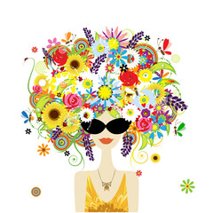 Wall Mural - Floral female portrait, pretty woman in sunglasses. Design for fashion cards, banners, posters