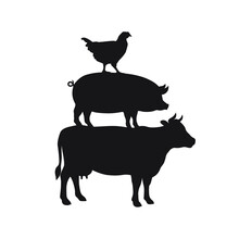 Domestic Livestock Graphic Symbol. Pyramid From Cow, Pig And Chicken Sign Isolated On White Background. Livestock Symbol. Vector Illustration