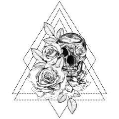 Wall Mural - A bouquet of roses and a skull. Botanical line art illustration. Sketch. Gothic tattoo.