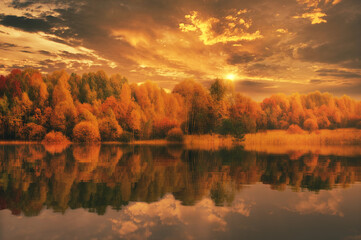 Wall Mural - beautiful autumn landscape sunset golden trees are reflected in the water of the lake fog bright sunset sun golden color