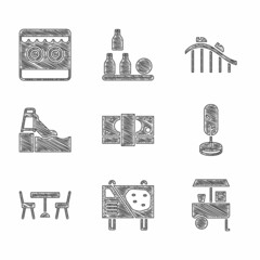 Sticker - Set Stacks paper money cash, Amusement park billboard, Fast street food cart, Tree, Picnic table with chairs, Water slide, Roller coaster and Shooting gallery icon. Vector