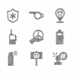 Sticker - Set Peace, Protest, Police assault shield, Pepper spray, Walkie talkie, Location peace and badge icon. Vector