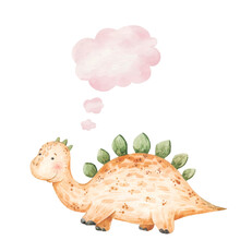Cute Yellow  Dinosaur Smiling And Thought Icon, Cloud, Childrens Illustration Watercolor