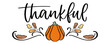 Thanksgiving day poster. Hand drawn pumpkin and leaves. Autumn illustration in doodle. Fall symbol in sketch. Pumpkin and thankful text
