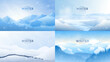 Vector illustration. Flat winter landscape. Simple snowy backgrounds. Snowdrift. Snowfall. Clear blue sky. Blizzard. Snowy weather. Winter season. Panoramic wallpapers. Set of backgrounds.