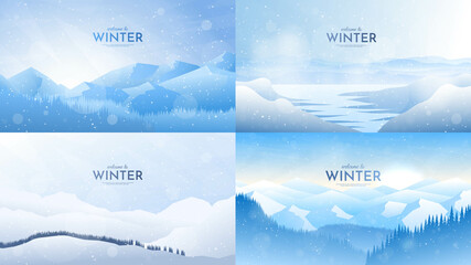 Wall Mural - Vector illustration. Flat winter landscape. Simple snowy backgrounds. Snowdrift. Snowfall. Clear blue sky. Blizzard. Snowy weather. Winter season. Panoramic wallpapers. Set of backgrounds.