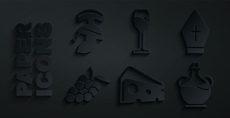 Sticker - Set Cheese, Pope hat, Grape fruit, Bottle of olive oil, Wine glass and Roman army helmet icon. Vector