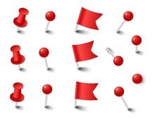 Red Pins Tacks Flags. Attach Buttons On Needles, Pinned Office Thumbtack. Vector Illustration.
