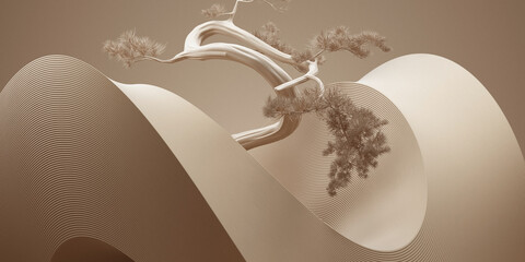 Wall Mural - japanese style minimal abstract background.podium and bonsai tree with brown background for product 