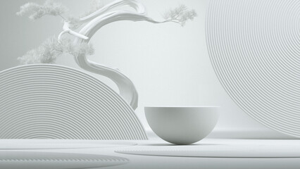 Wall Mural - japanese style abstract background.podium and bonsai tree with white background for product presenta