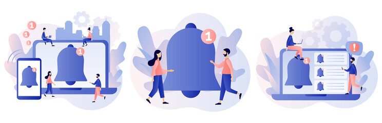 Wall Mural - notifications. ring bell as reminder pop up. tiny people get chat messages notification on smartphon