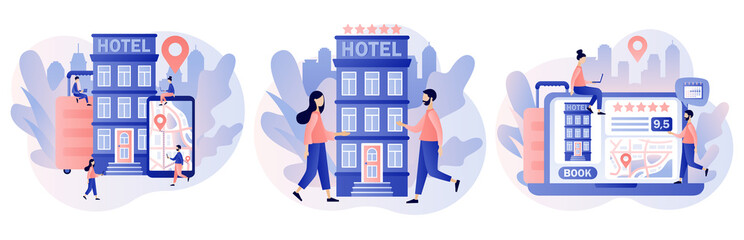 Booking hotel online. Tiny people search and choose hotel or apartment. Reservation application interface. Tourist and business trip. Modern flat cartoon style. Vector illustration on white background