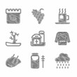 Set Farm house, Jar of honey and dipper stick, Cloud with rain, Sweater, Roasted turkey or chicken, Bare tree, Cup tea tea bag and Calendar autumn leaves icon. Vector