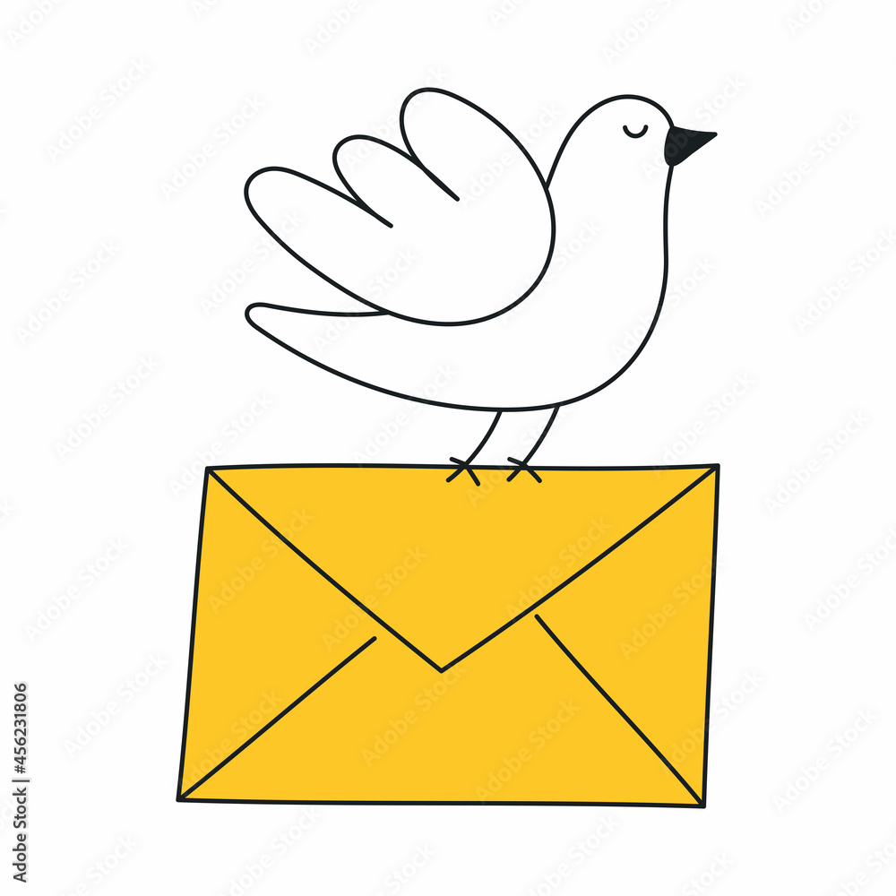 A cute funny bird carries an envelope. Messaging, sending letters, contact, or sharing information concept. Thin line vector illustration on white.