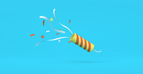 Exploding party popper with confetti and streamer isolated on background, Celebration Concept, 3D Rendering
