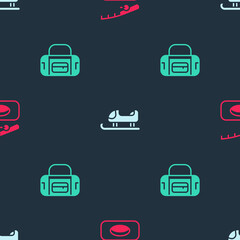 Sticker - Set Winter fishing, Sled and Sport bag on seamless pattern. Vector