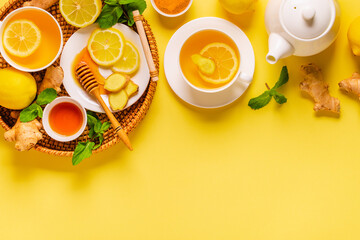 Wall Mural - Green tea with lemon, ginger and honey.