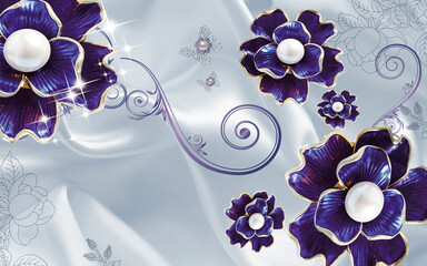 3d wallpaper blue jewelry flowers on blue silk background