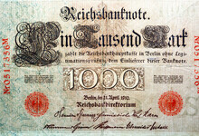Large Fragment Of The Obverse Side Of 1000 One Thousand German Marks Reichsmark Banknote Currency Issued 1910 By Germany Reichsbank In Berlin,   Note Includes Two Red Seals Of The Bank Directorate