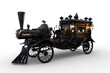 3D rendering of a Steampunk Halloween concept steam powered hearse with lanterns and candles lit isolated on a white background.