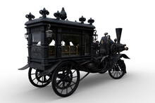 Rear Perspective View 3D Rendering Of A Steampunk Halloween Concept Steam Powered Hearse Isolated On A White Background.