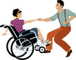 Young handicapped woman in a wheelchair dancing lindy hop or swing with an able-bodied partner, EPS 8 vector illustration