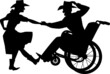 Disabled man in a wheelchair dancing western country dance with a able-body partner, EPS 8 vector silhouette 