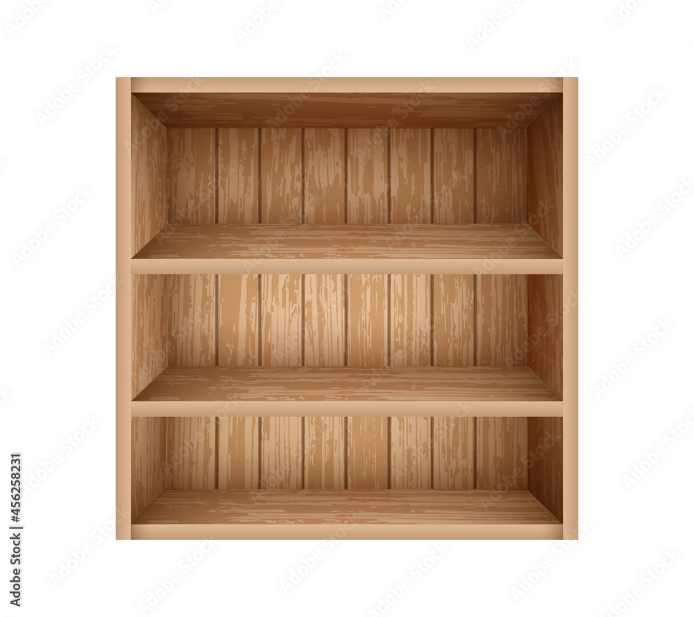 Vetor do Stock Realistic bookshelf made of wooden boards. Empty bookshelf  mockup template. Old wooden shelves for library, office and school interior  design. | Adobe Stock, image size:1000x889