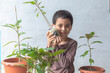 A happy boy enjoy with his Kratom tree seedlings. .A cute boy sat hugging a tree with happy smile. feeling happy smiley face, love the trees. .smiling face of happy boy relax save the earth concept..