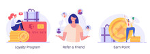 Man Looking For Great Deals, Gets Bonuses And Cashback. Concept Of Discount, Customer Service, Online Shopping, Earn Point, Loyalty Program, Refer A Friend. Vector Illustration In Flat Design