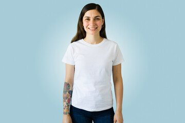 Wall Mural - Cheerful woman with a casual tee